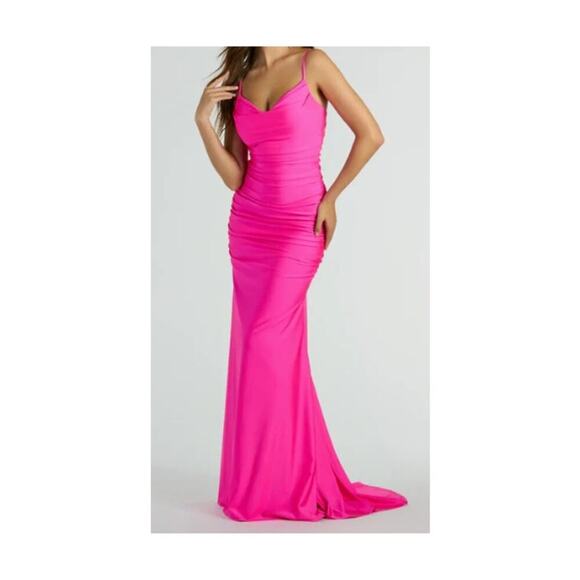 Jamie Formal Neon Pink Fitted Cowl Neck Mermaid Long Dress Sz XS (750) - Picture 4 of 11